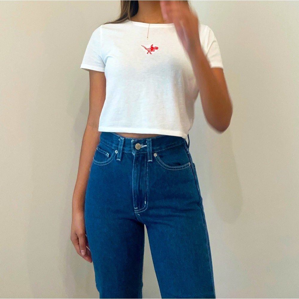 BTG high waisted jeans, cowboy blue wash with white stitching